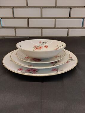 Vintage DIAMOND China~CHERRY BLOSSOM~Gold Trim~4 pieces (Bowl, 3 Plates)